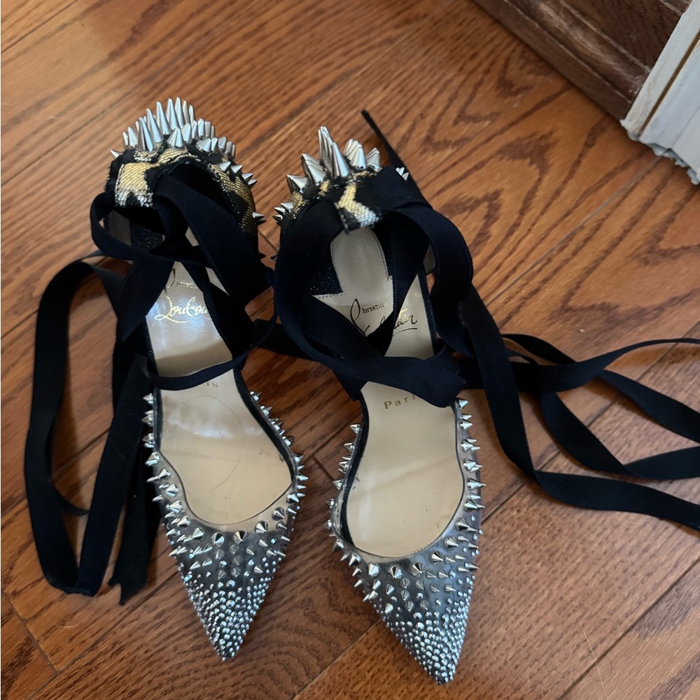 Christian Louboutin Silver and Black Heels with Elegant Design wrap around